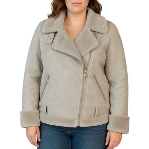​NWOT Cozy Faux Shearling Aviator Jacket Medium Beige Sherpa Lined Moto Coat
